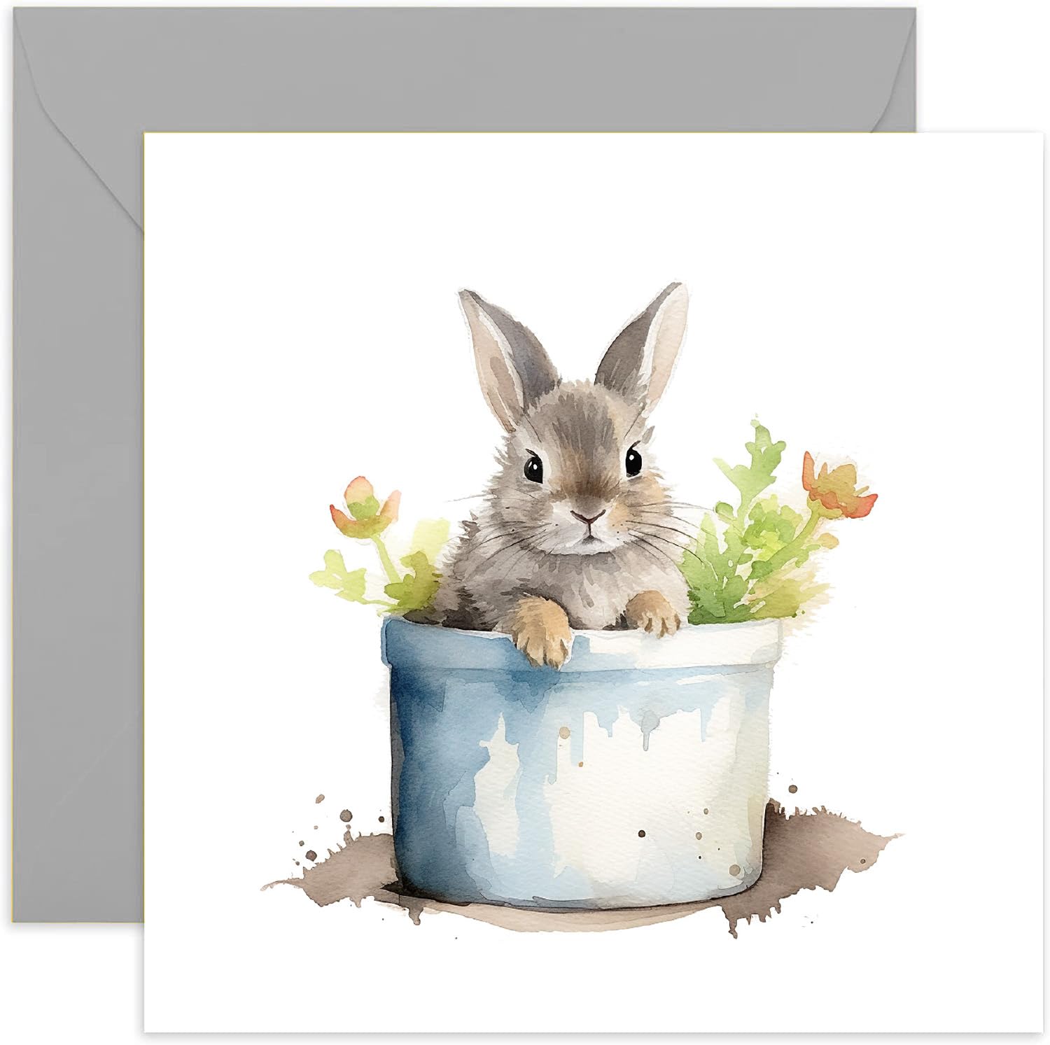 Old English Co. Rabbit Plant Pot Greeting Card for Birthday - Cute Birthday Card for Mum, Nan, Her - Wildlife Art Card for Thinking of You, Thank You, Just Because | Blank Inside Envelope