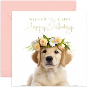 old english co. golden labrador puppy very happy birthday card for her - golden labrador dog floral birthday card for women - cute birthday cards for sister, mum, daughter, friend | blank inside…