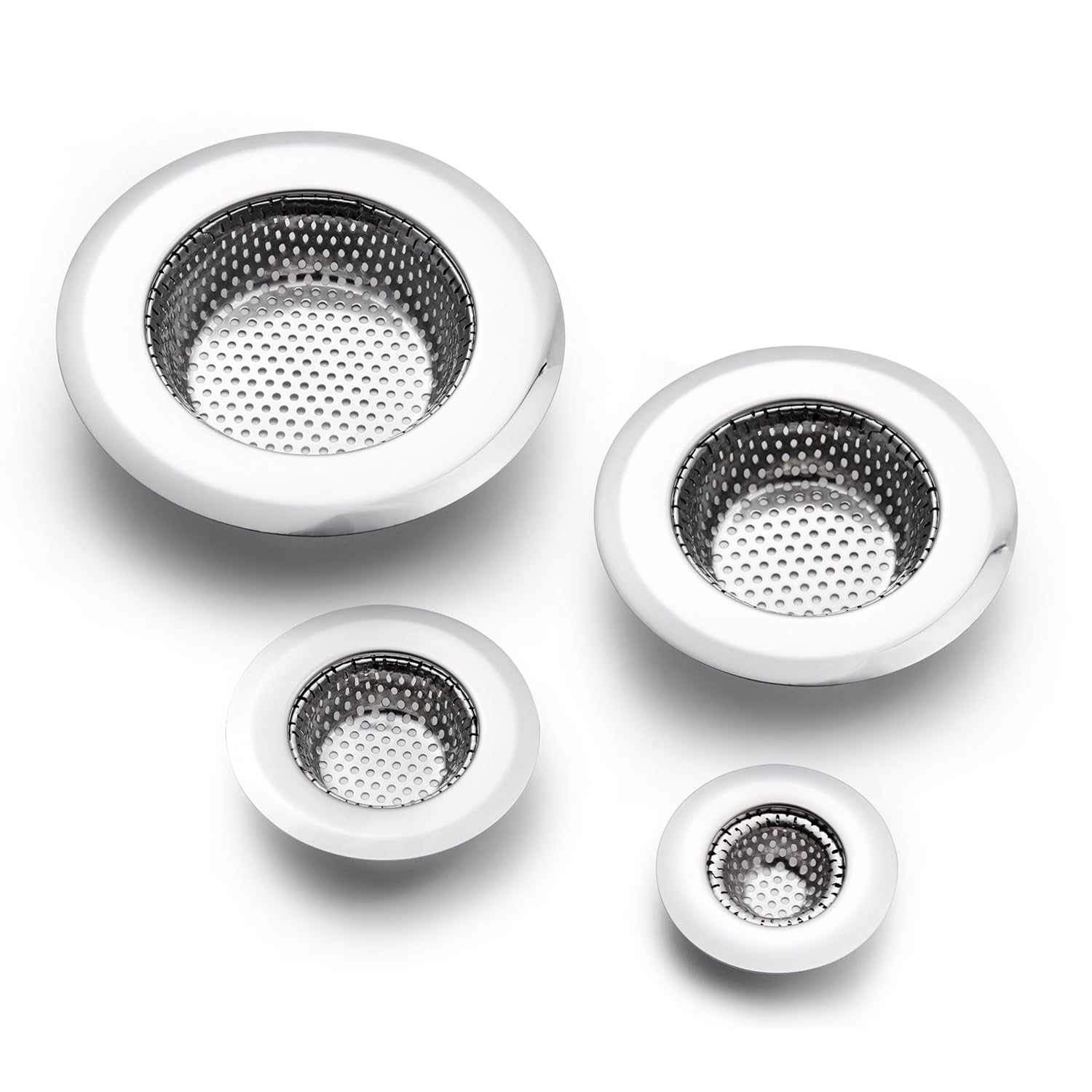 CORNERJOY 4 Pack Heavy Duty Stainless Steel Kitchen Sink Drain Strainer, Bathroom Hair Catcher Shower Drain Cover, Sink Tub Drain Stopper, Wash Basin Floor Drain, 2.1 to 4.5 Inch Diameter Rim