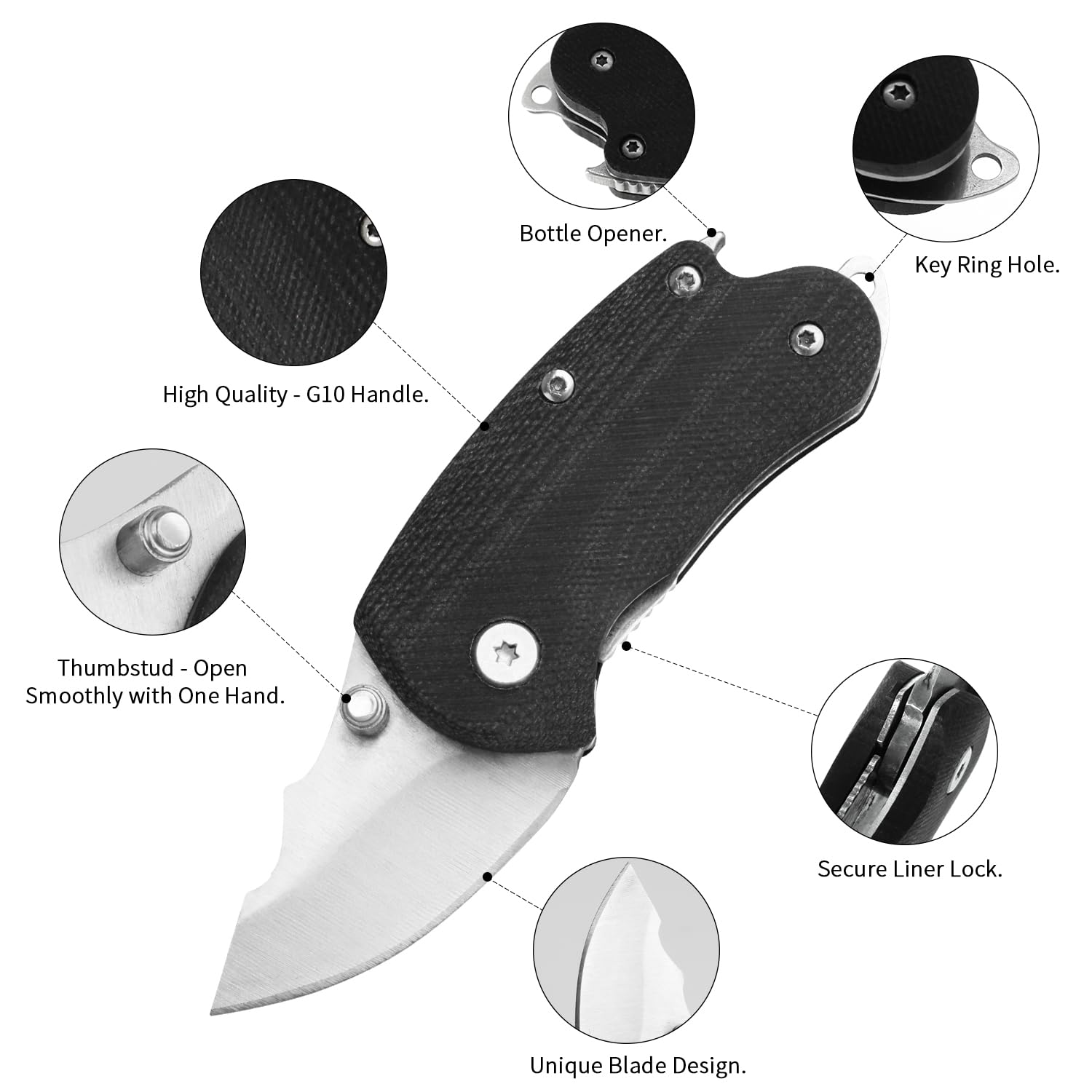 BYKCO Small Folding Pocket Knife, G10 Handle Small EDC Knife, 1.8 Inch Blade Mini Keychain Knife with Bottle Opener, Perfect EDC Tool for Women Teens Men(1 Pack, BG103)