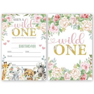 FujLoy Wild One Birthday party Invitations, Wild One Invitations, Jungle Theme, Animals Birthday Party Invites.（060）