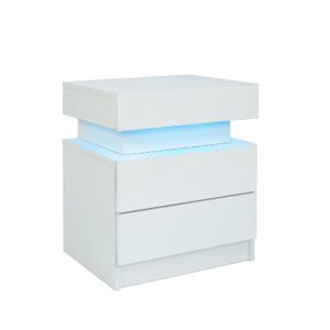 LED Nightstand Modern White Nightstand with Led Lights Wood Led Bedside Table Nightstand with 2 High Gloss Drawers for Bedroom (White)