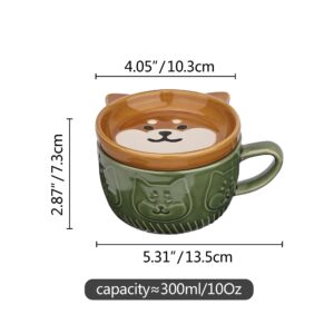 Cute Ceramic Dog Coffee Mug with Lid,Kawaii Coffee Mugs or Tea Cups for Dog Lovers,Funny Novelty Dog Breakfast Mugs for Women Wife Mum Girls Boys Friends Kids Christmas Birthday Gift,300ML（Green）