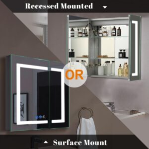 LADEED Lighted Medicine Cabinet with Mirror Outlet,30 X 26 Inch,Recessed Or Surface-Mounted Led Medicine Cabinet Mirror for Bathroom Storage,Interior Light, Double Door,Defog,Stepless Dimming