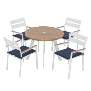 joivi 5 piece outdoor dining set, aluminum patio furniture dining table and stackable chairs set for 4 people, 2.05” umbrella hole with wood grain tabletop, for deck, backyard, navy blue cushions