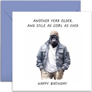 old english co. funny birthday card for men - 'cool as ever' gorilla birthday card for him - humorous birthday card for brother, son, dad, grandad - birthday joke card for men | blank inside envelope