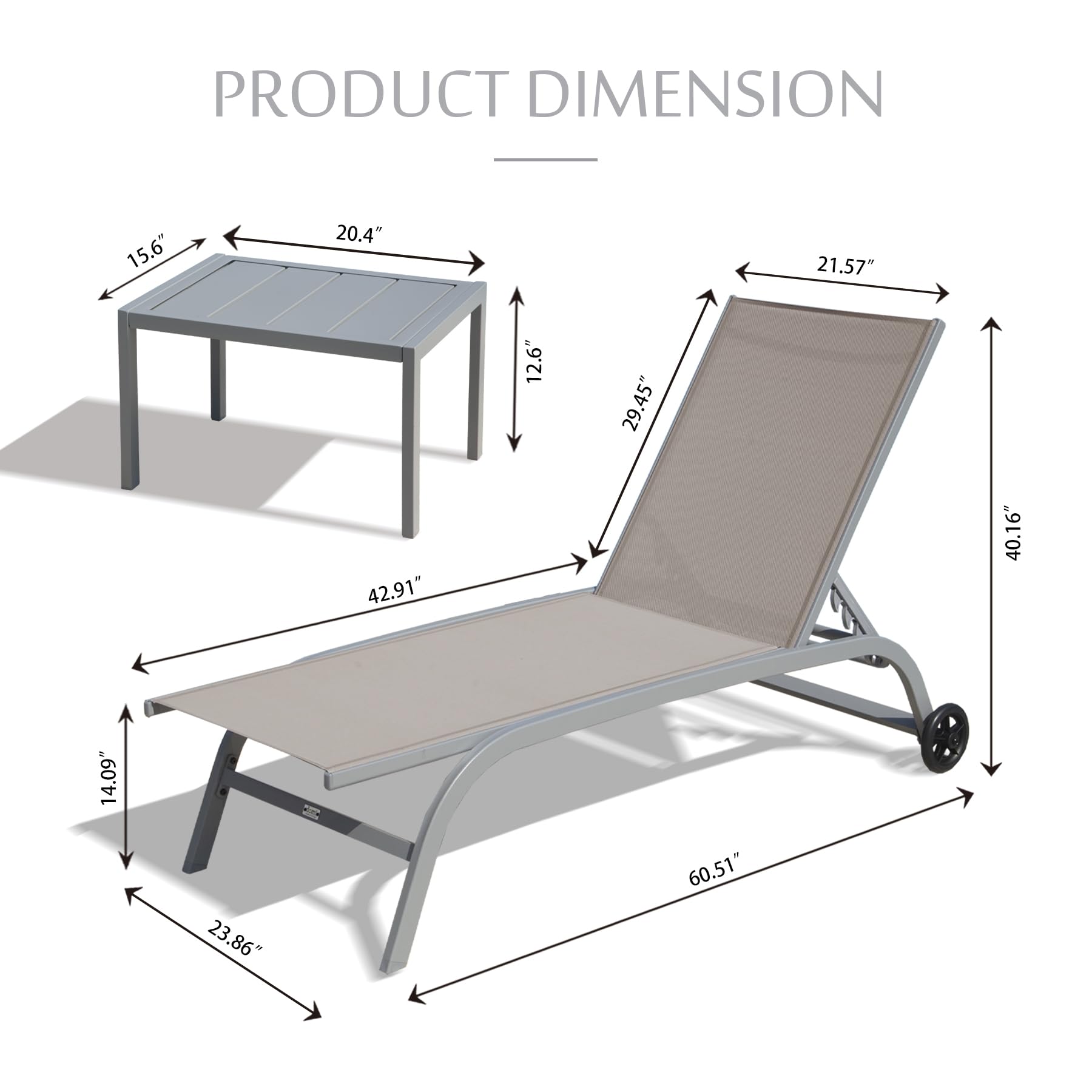 Domi Pool Lounge Chairs Set of 3, Adjustable Aluminum Outdoor Chaise Lounge with Wheels Patio Lounge Chairs with Side Table, All Weather for Deck Lawn Poolside Backyard-Khaki Textilene