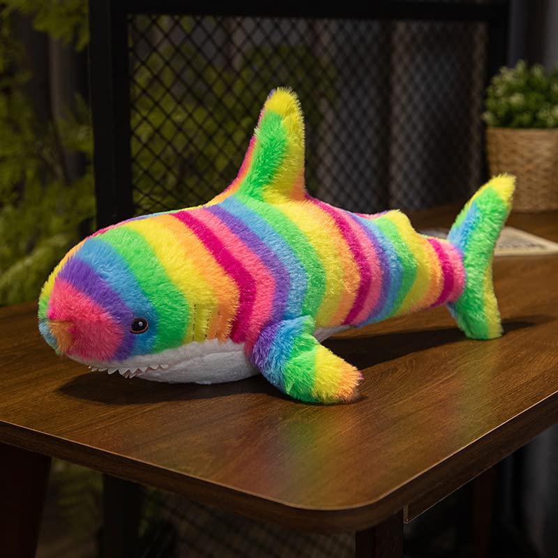 XIAOHONG Soft Colored Shark Plush Hugging Pillow, 23 inch Shark Stuffed Animal Plushie Ocean Animals, Rainbow Shark Plush Toy Cute Cuddle Gifts for Kids and Adults (Rainbow)