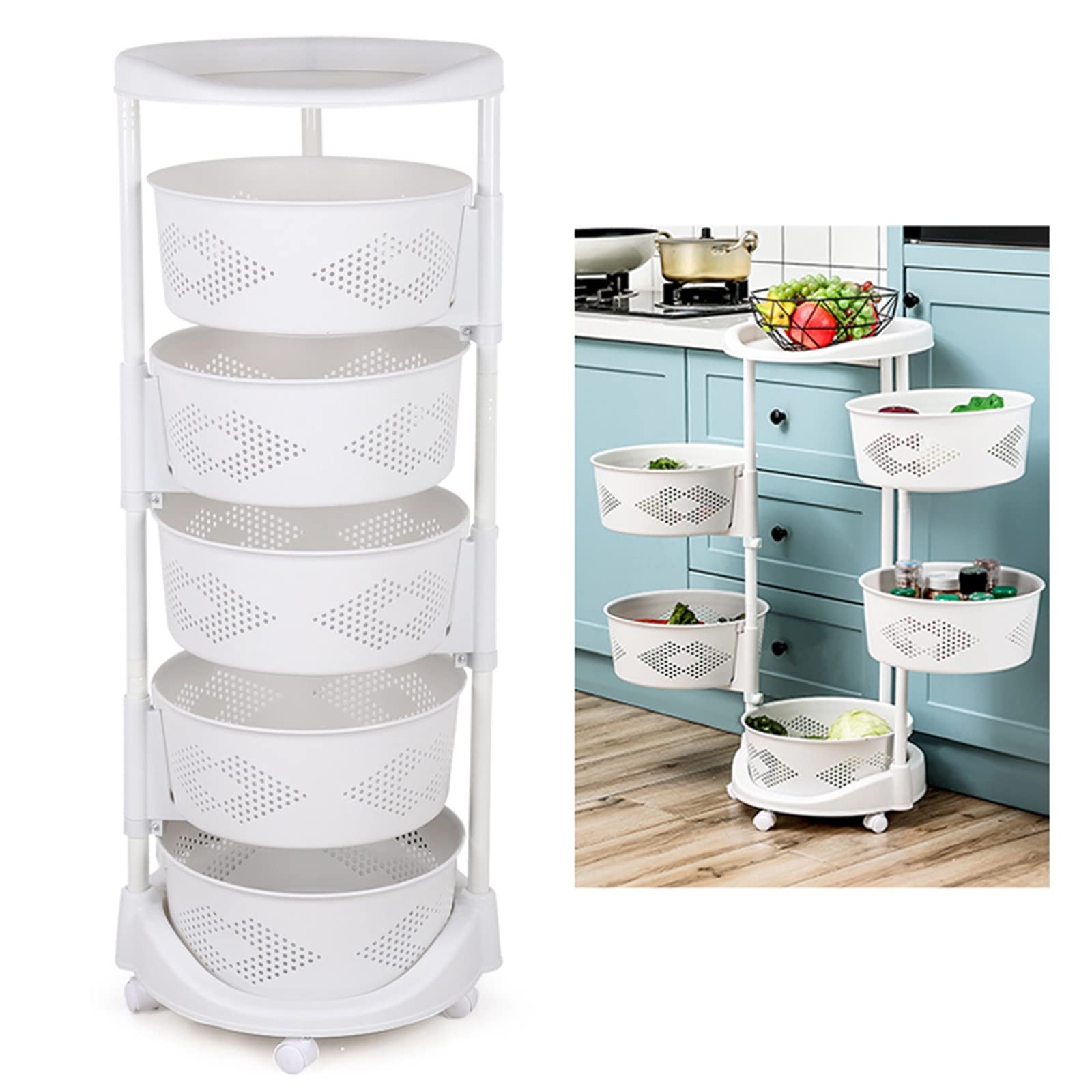 LGXSHOP 5 Tier Swivel Storage Rack, Vegetable Storage Rack, Storage Rack with Lockable Casters and Detachable Storage Basket, Kitchen Bathroom Living Room Dining Room Freestanding Organizer （White）