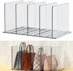 frtzal purse organizer for closet, shelf dividers for closet organization adjustable plastic handbag organizers for closets purse storage organizer (4 layers tra)