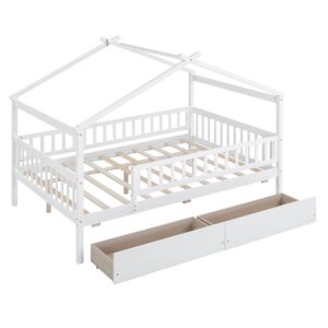 House Bed with Fence Storage, Full Size Montessori Style Beds with Railings and 2 Drawers, Wooden Playhouse Bed Frame for Kids Girls Boys, White