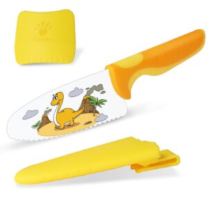 kids knife set for real cooking, friendly safety knife for kids, stainless steel child chef knife with finger protector, round tip kids knife for cutting, serrated edges (yellow)