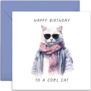 old english co. cat funny birthday card for him or her - 'cool cat' - witty humour animal card for friends - cute design for adults birthday card | blank inside with envelope