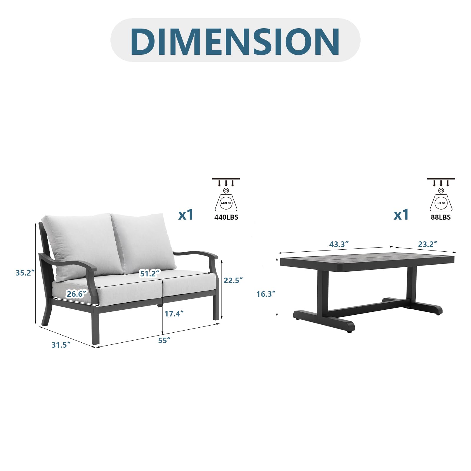 LebenLiebe Outdoor Patio Loveseat 2 Seat Sofa Patio Love Seat with Curved Armrests Aluminum Loveseat Couch with Coffee Table,Gark Grey