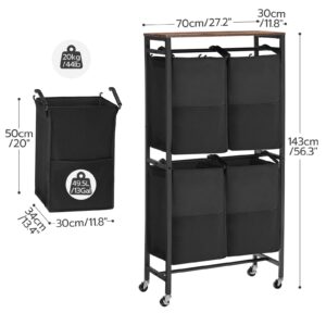 HOOBRO Rolling Laundry Sorter 4 Sections, 2 Tier Vertical Laundry Hamper with Wheels, 52 Gal (198L), Laundry Baskets for Laundry Room, Bedroom, Bathroom, Cloakroom, Rustic Brown and Black BF71XY01