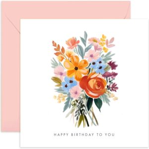 old english co. floral happy birthday to you card for friends and family - cute flower artwork birthday wishes card for women - for mum, sister, cousin, auntie, friend | blank inside with envelope