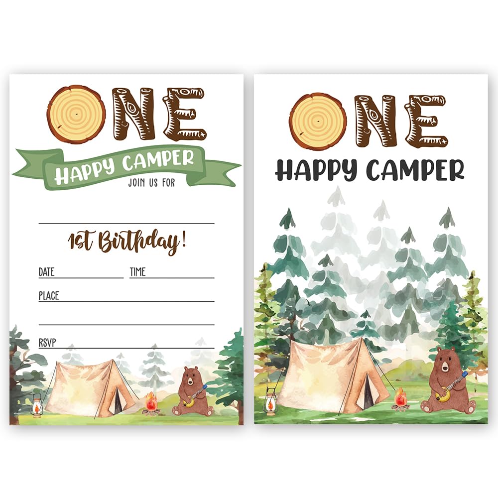 FujLoy Happy Camper Invitation, One Happy Camper Birthday Invitation, Camper Party Invitations cards.（069）