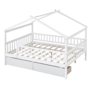 House Bed with Fence Storage, Full Size Montessori Style Beds with Railings and 2 Drawers, Wooden Playhouse Bed Frame for Kids Girls Boys, White