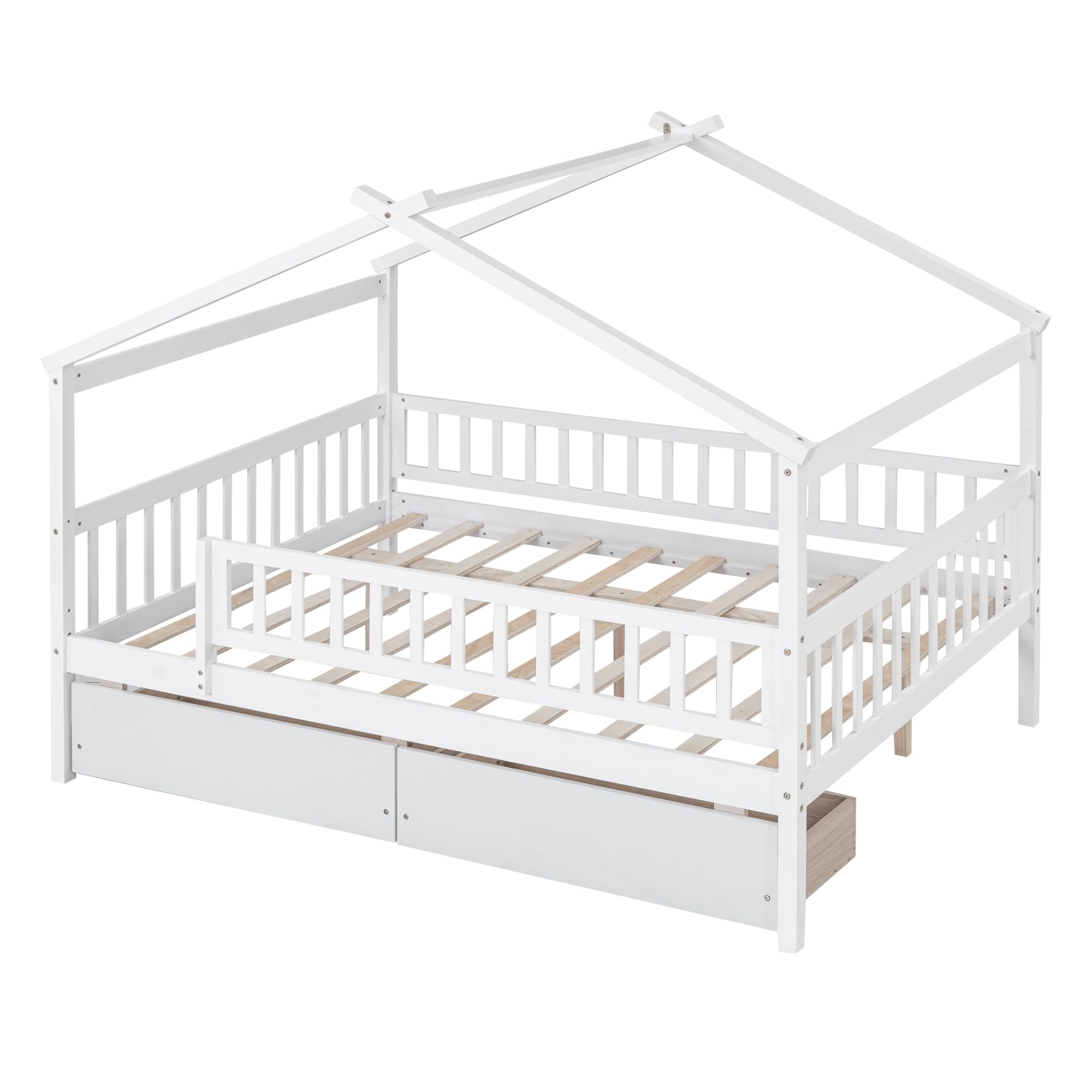 House Bed with Fence Storage, Full Size Montessori Style Beds with Railings and 2 Drawers, Wooden Playhouse Bed Frame for Kids Girls Boys, White