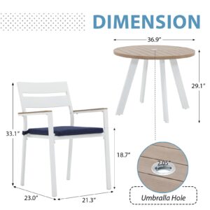 JOIVI 5 Piece Outdoor Dining Set, Aluminum Patio Furniture Dining Table and Stackable Chairs Set for 4 People, 2.05” Umbrella Hole with Wood Grain Tabletop, for Deck, Backyard, Navy Blue Cushions