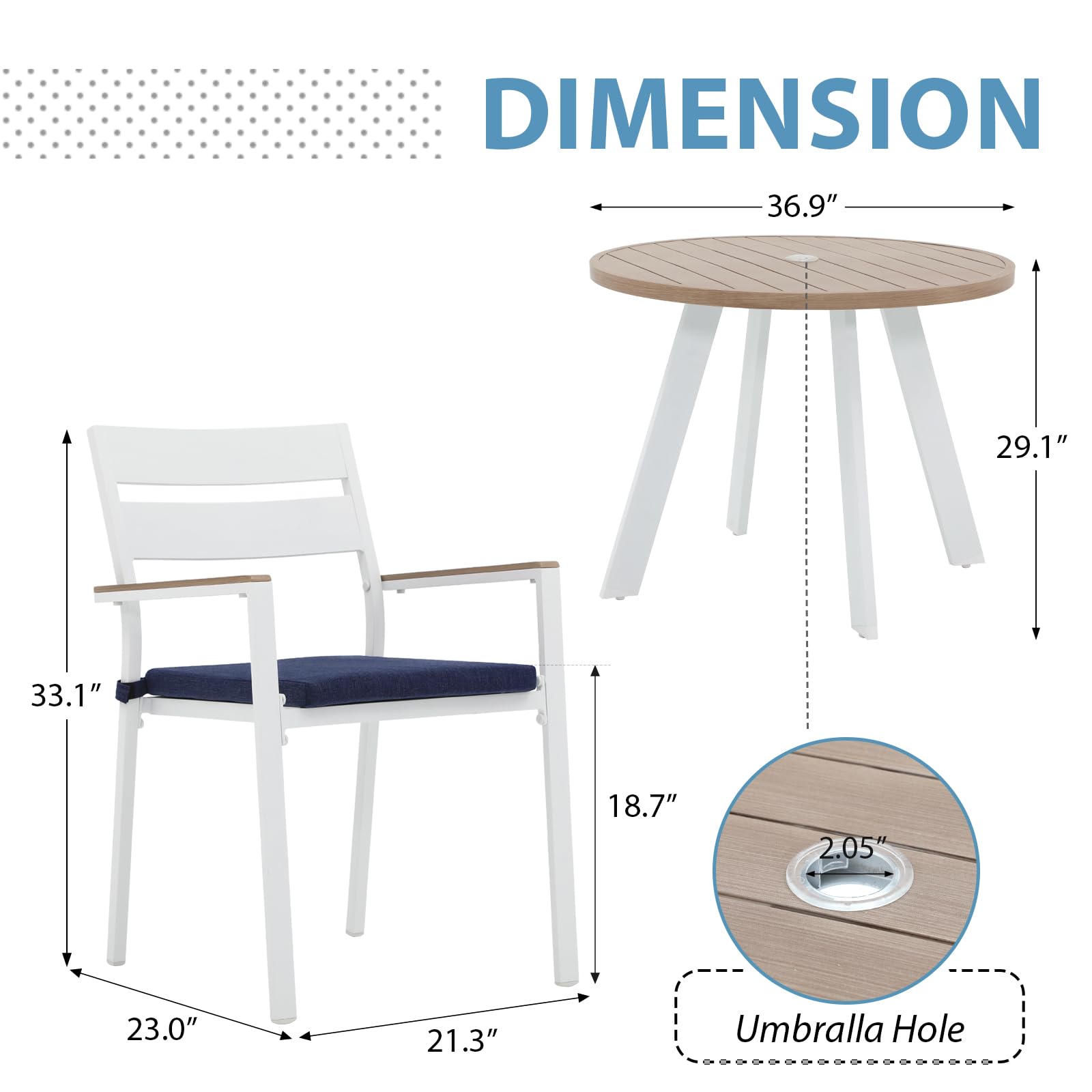 JOIVI 5 Piece Outdoor Dining Set, Aluminum Patio Furniture Dining Table and Stackable Chairs Set for 4 People, 2.05” Umbrella Hole with Wood Grain Tabletop, for Deck, Backyard, Navy Blue Cushions