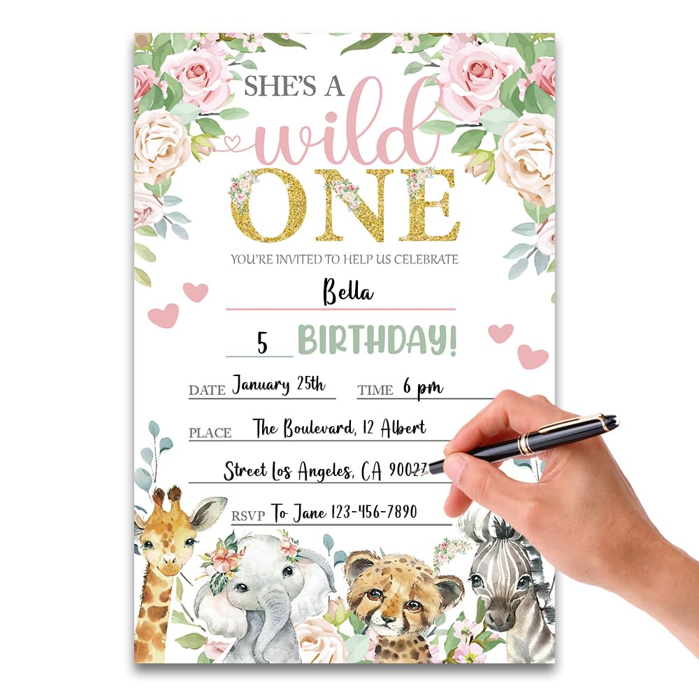 FujLoy Wild One Birthday party Invitations, Wild One Invitations, Jungle Theme, Animals Birthday Party Invites.（060）