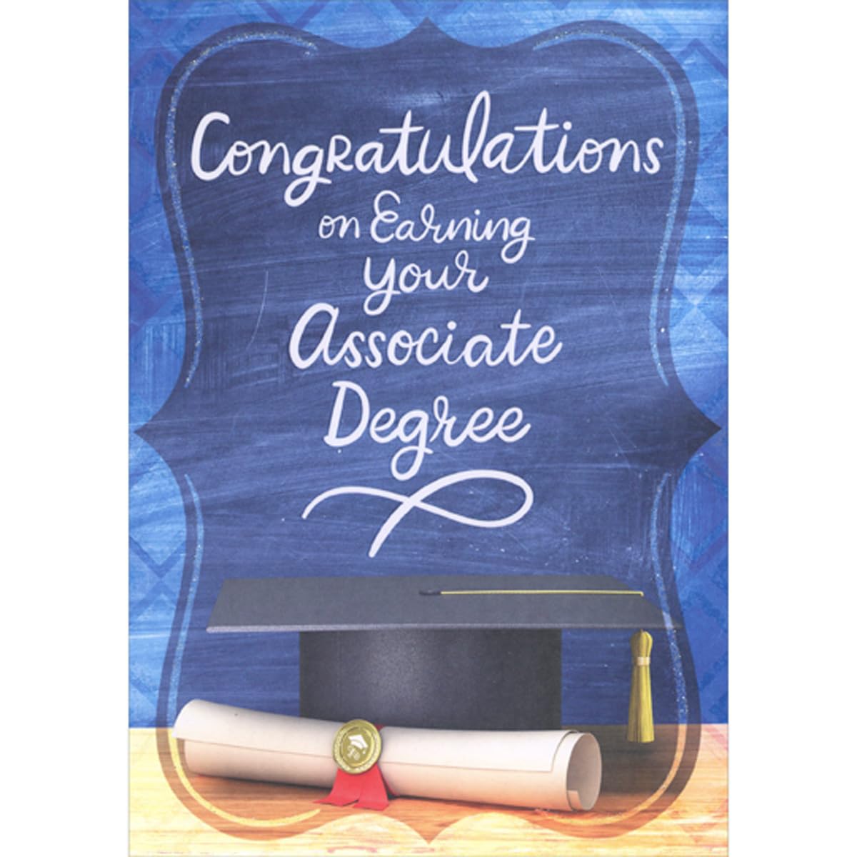 Designer Greetings Earning Your Associate Degree: Cap and Rolled Diploma Photo on Blue Graduation Congratulations Card