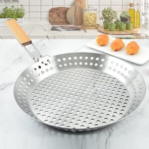 Bafnsiji Stainless Steel Grill Pan with Hole, Non-Stick BBQ Frying Pan, Non-Stick Barbecue Skillet, 430 Stainless Steel Grilling Pans, Folding Wooden Handle BBQ Pan