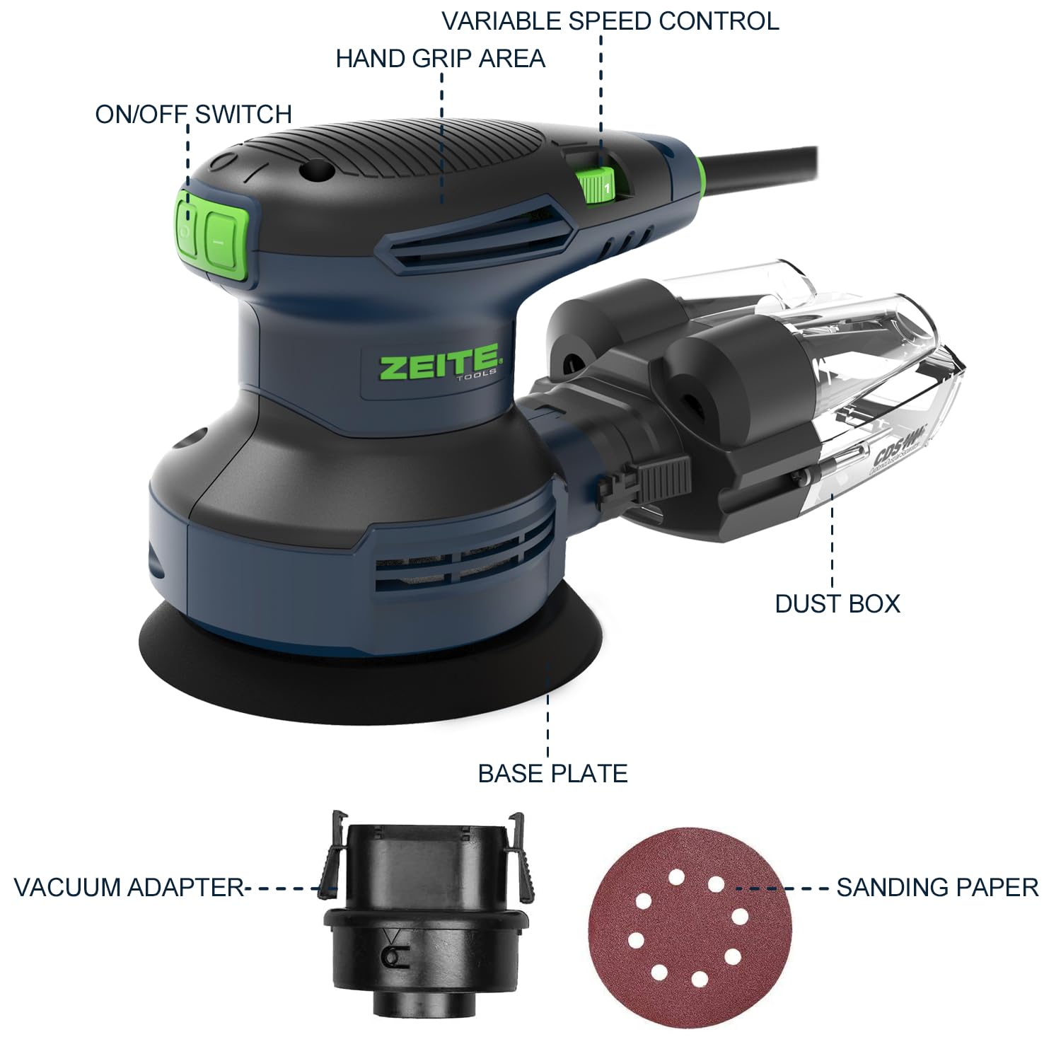 ZEITE Random Orbital Sander Tool, Electric Palm Sander, 3.0 Amp Wood Sanding Machine, Variable Speed 5000-12000 OPM, Cyclonic Dust Box, Vacuum Adapter, 12Pcs 5" Sandpapers for Sanding and Polishing