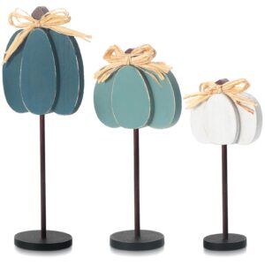 thyle 3 pcs thanksgiving pumpkin table centerpieces wood fall table decorations for home thanksgiving tall standing block autumn harvest sign with bow for home decor(blue, light blue, grayish white)