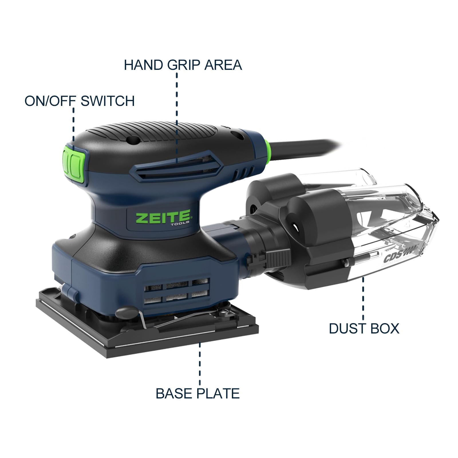 ZEITE 2.4 Amp 1/4 Sheet Sander with 12Pcs Sandpapers, Electric Palm Sander for Woodworking, 10 Ft Cord, 14000 OPM, Vacuum Attachment, Cyclonic Dust Box for Wood Polishing Sanding