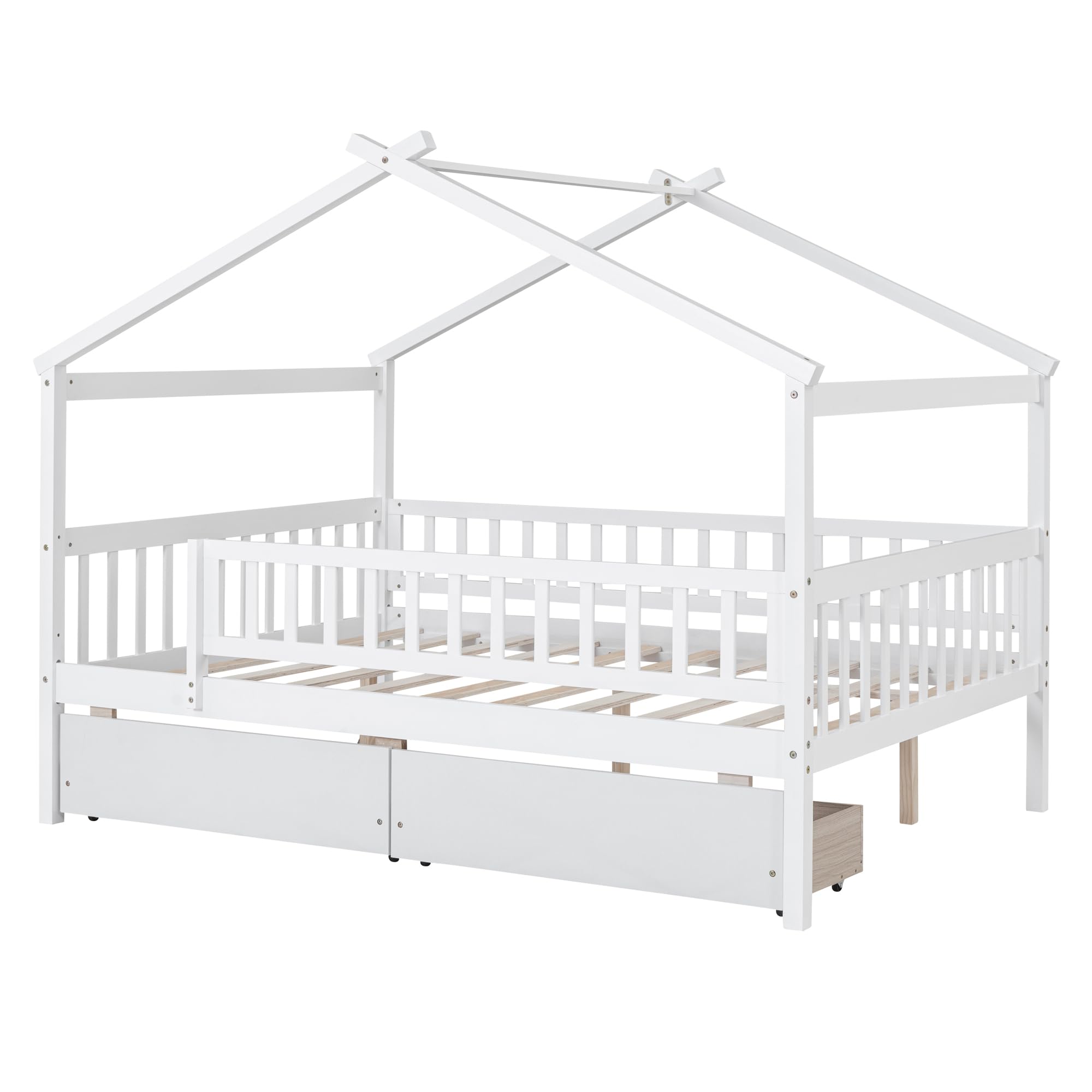 House Bed with Fence Storage, Full Size Montessori Style Beds with Railings and 2 Drawers, Wooden Playhouse Bed Frame for Kids Girls Boys, White