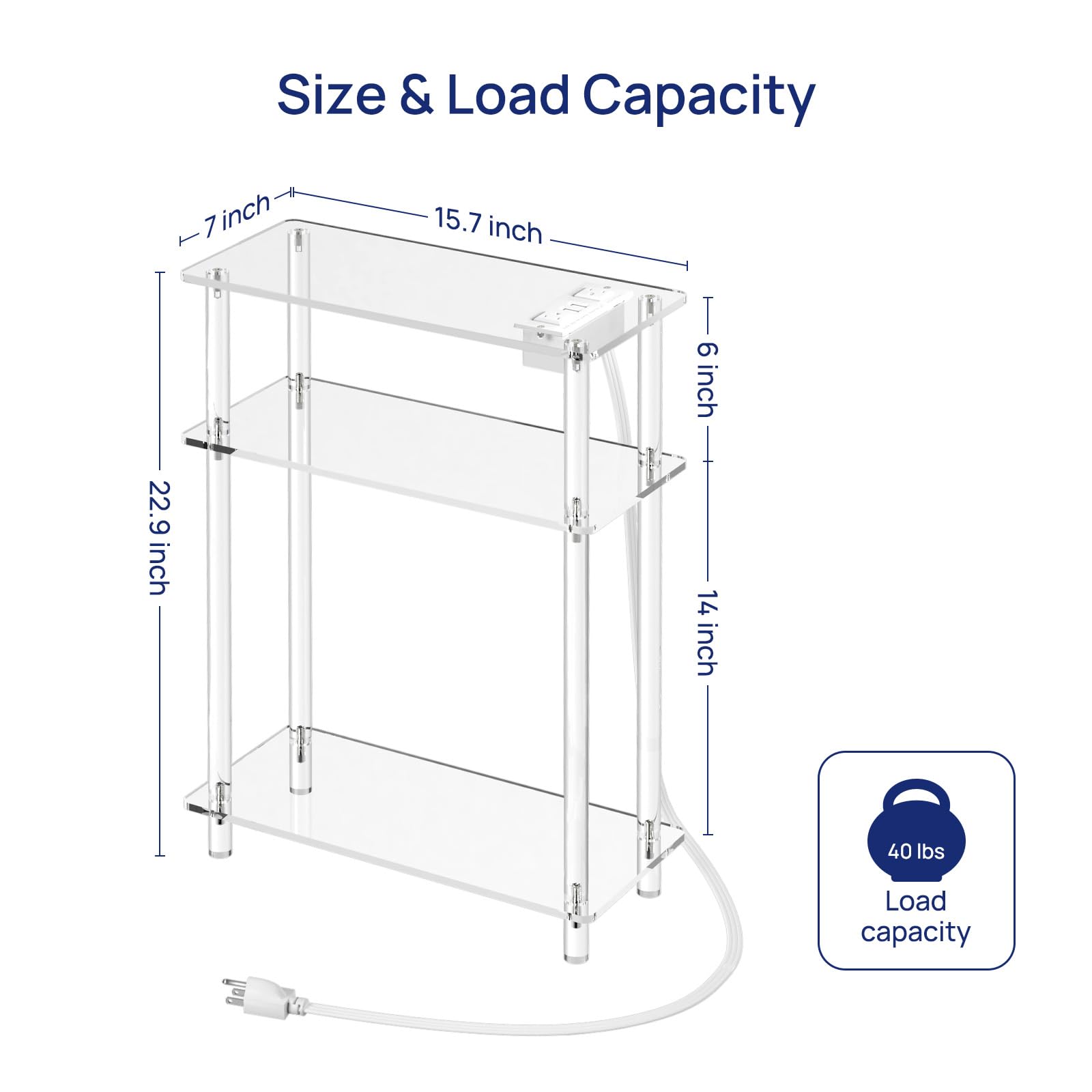 HMYHUM Acrylic Narrow Side Table with Charging Station, 7" Width, 3 Tier Small End Table for Small Spaces, Skinny Nightstand/Bedside Table with USB Ports & Outlet, Clear