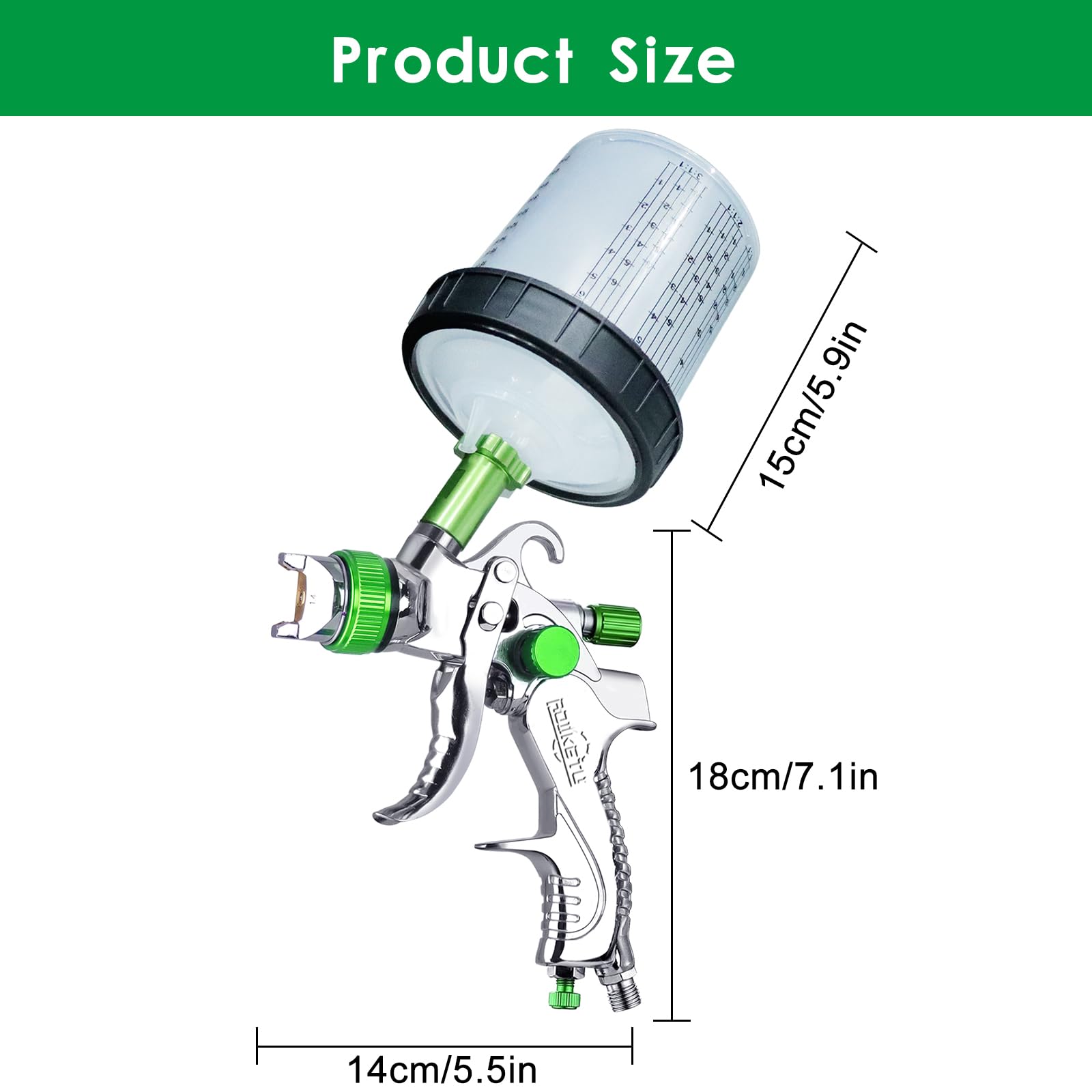 ROIKETU HVLP Paint Sprayer with 10pcs 600ML Mixing Quick Cup,Spray Paint Gun Set Contain 3 Nozzles 1.4/1.7/2mm &Pressure Gauge,Sprayer Gun for Car Painting,Furniture Surface Spraying (Green Set)