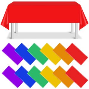 12 pack assorted color rectangle plastic tablecloth disposable rainbow tablecloth colorful rectangle table covers for birthday wedding fiesta picnic home party decorations, 6 color, 54 x 108 inch