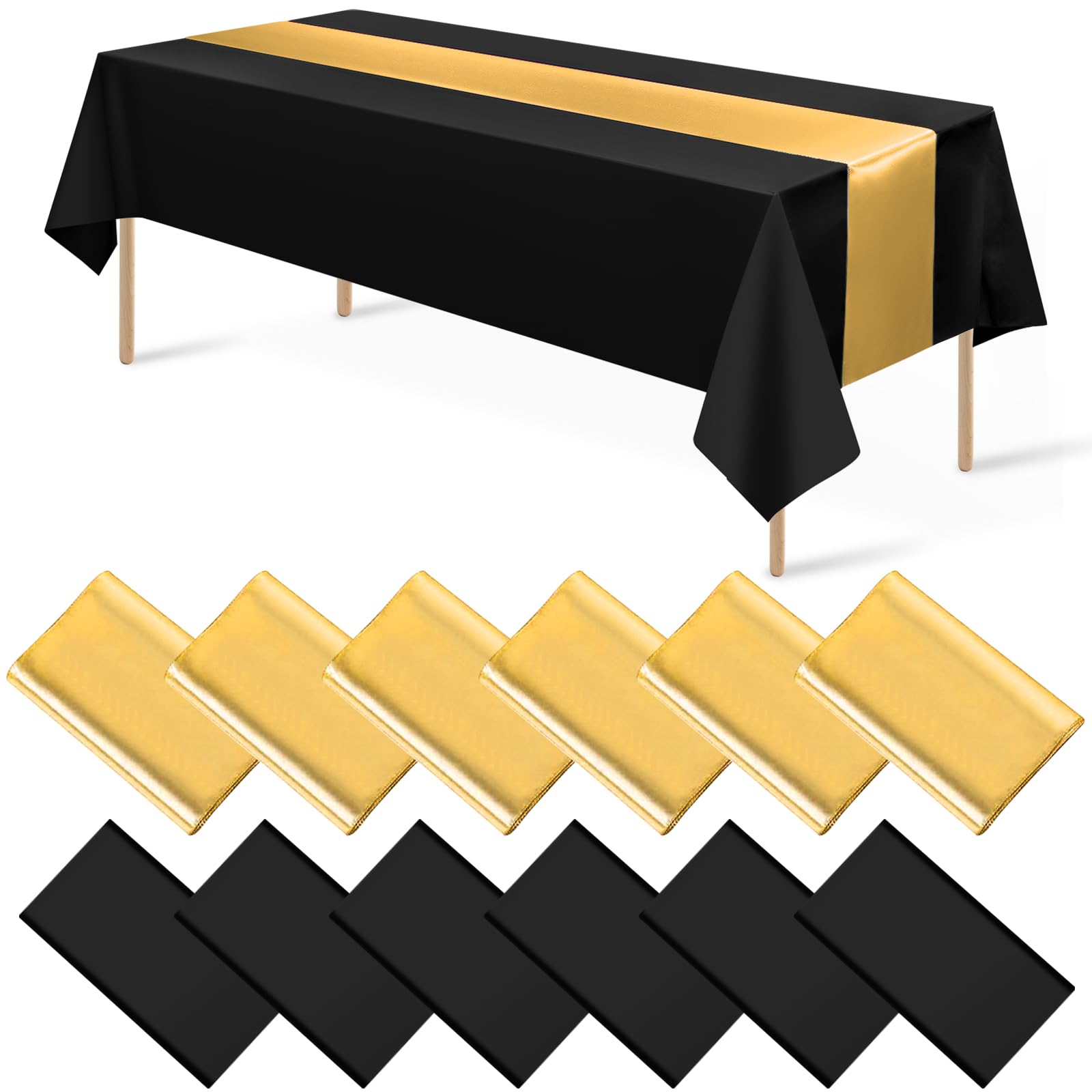 12Pack 12x108 Inch Satin Table Runner and 54x108Inch Plastic Tablecloths Set Black and Gold Disposable Rectangle Table Cover for Graduation Wedding Bridal Shower Anniversary Birthday Party Decorations