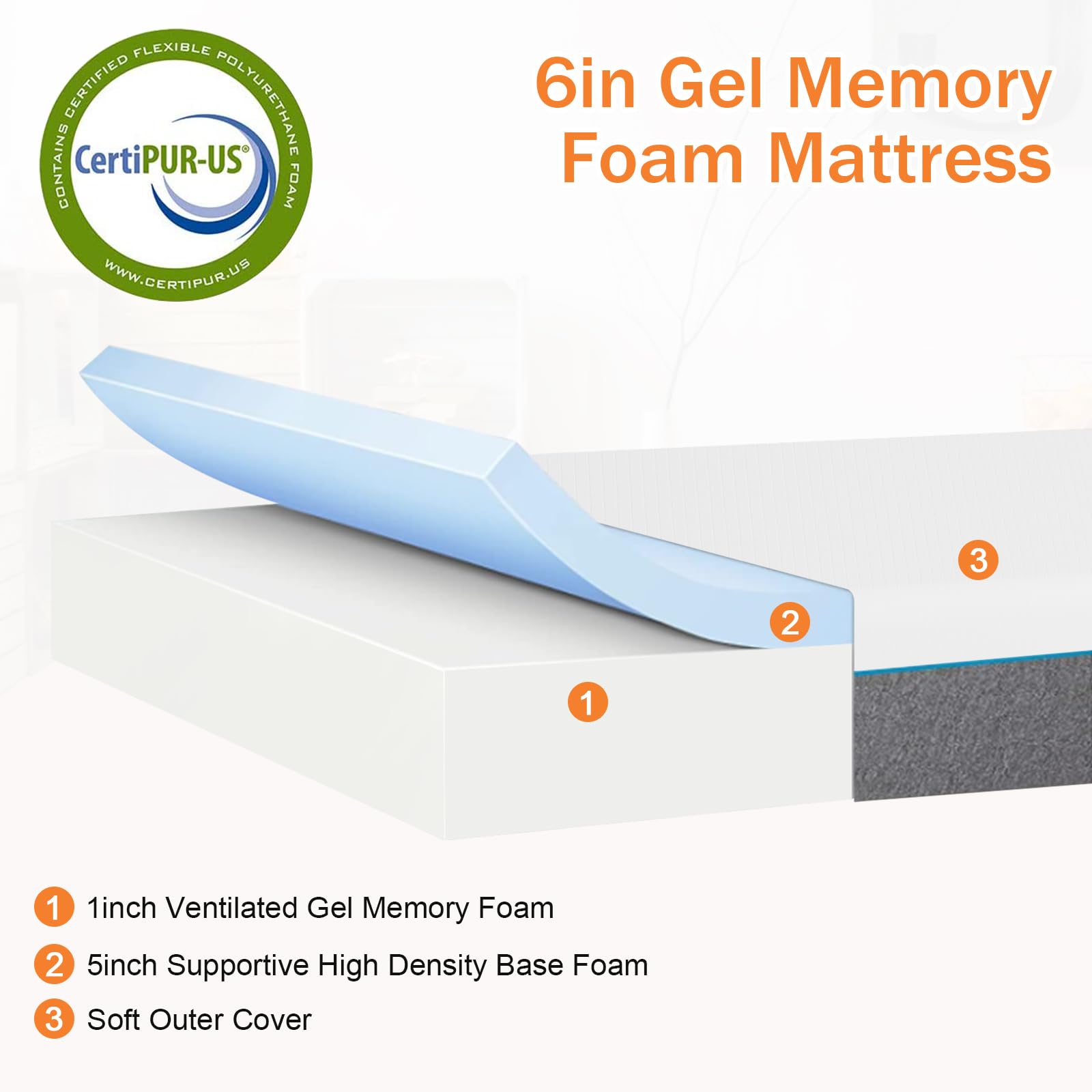 BSTOPHKL Queen Size Mattress, 6 inch Gel Memory Foam Mattress Bed-in-a-Box Medium Firm Mattresses for Cool Sleep & Pressure Relieving—Certipur Certified