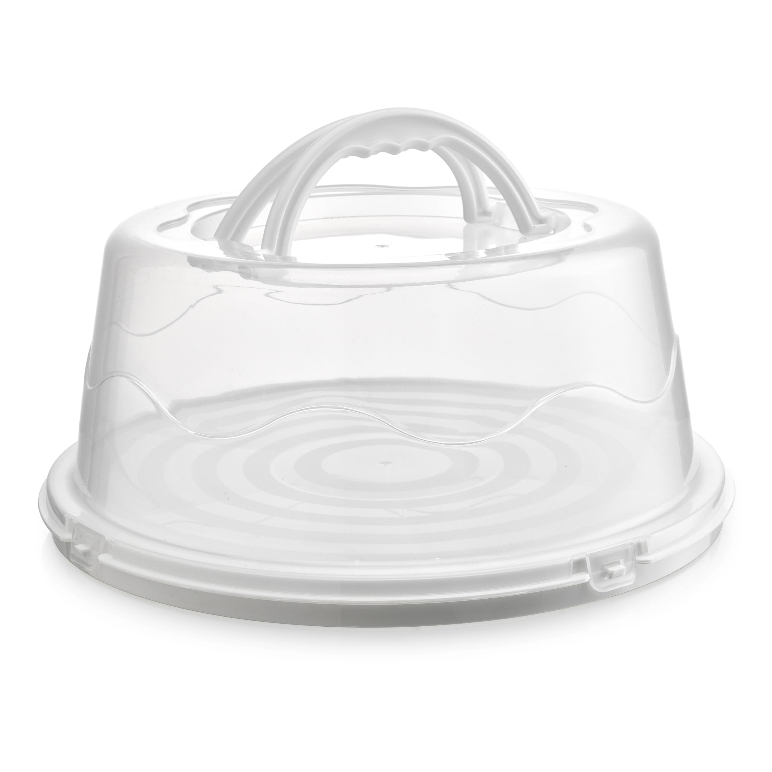 MosJos Round Cake Carrier, BPA-Free Plastic Cake Keeper with Lid, Fits 10” Cakes, Two Secure Side Closures, Dishwasher Safe Cake Transport Container (White -)