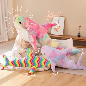 XIAOHONG Soft Colored Shark Plush Hugging Pillow, 23 inch Shark Stuffed Animal Plushie Ocean Animals, Rainbow Shark Plush Toy Cute Cuddle Gifts for Kids and Adults (Rainbow)