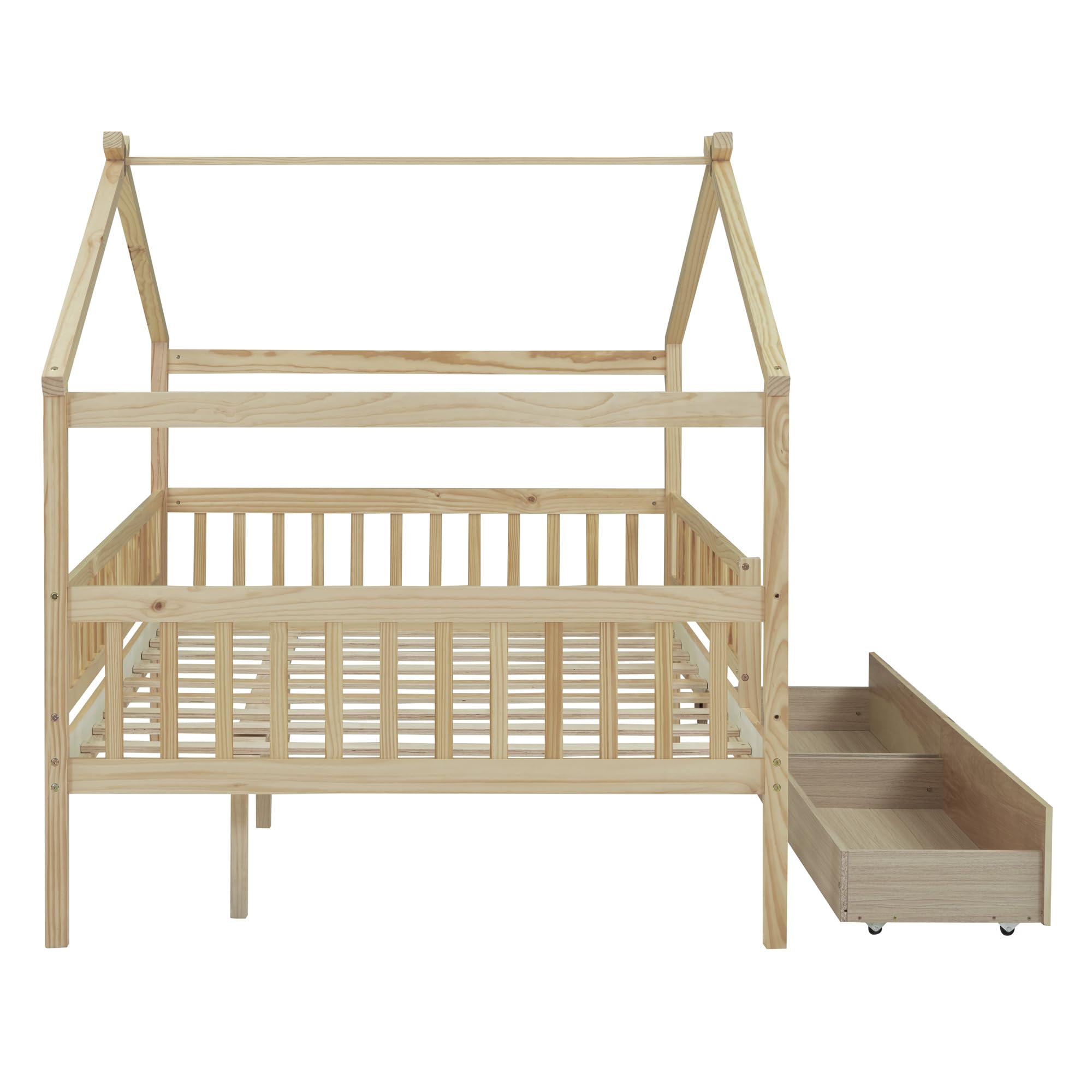 House Bed with Fence Storage, Full Size Montessori Style Beds with Railings and 2 Drawers, Wooden Playhouse Bed Frame for Kids Girls Boys, Natural