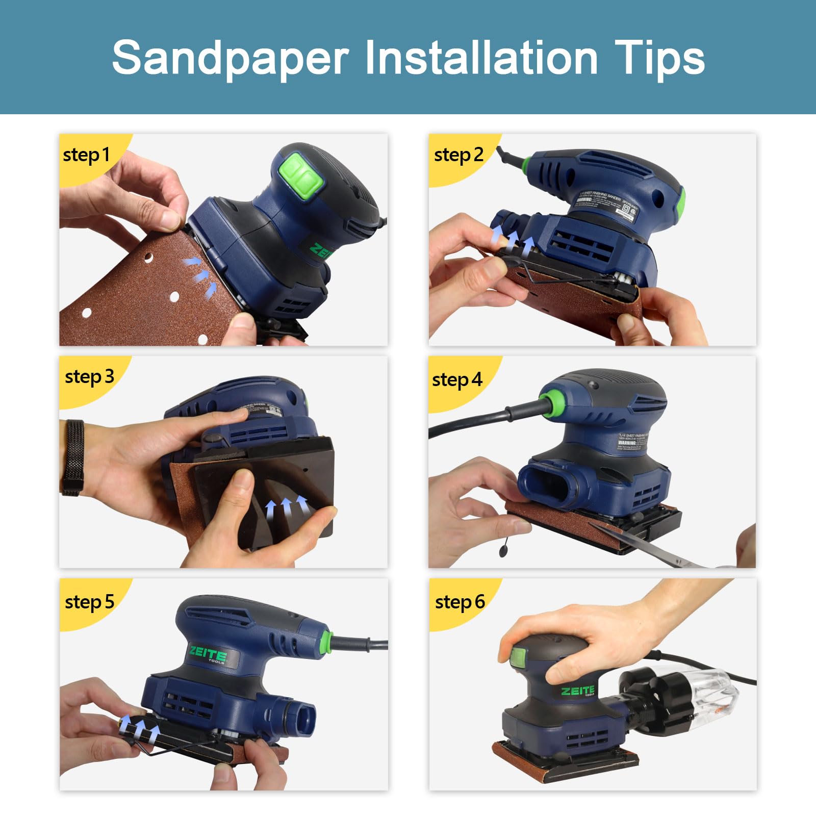 ZEITE 2.4 Amp 1/4 Sheet Sander with 12Pcs Sandpapers, Electric Palm Sander for Woodworking, 10 Ft Cord, 14000 OPM, Vacuum Attachment, Cyclonic Dust Box for Wood Polishing Sanding