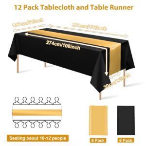 12Pack 12x108 Inch Satin Table Runner and 54x108Inch Plastic Tablecloths Set Black and Gold Disposable Rectangle Table Cover for Graduation Wedding Bridal Shower Anniversary Birthday Party Decorations