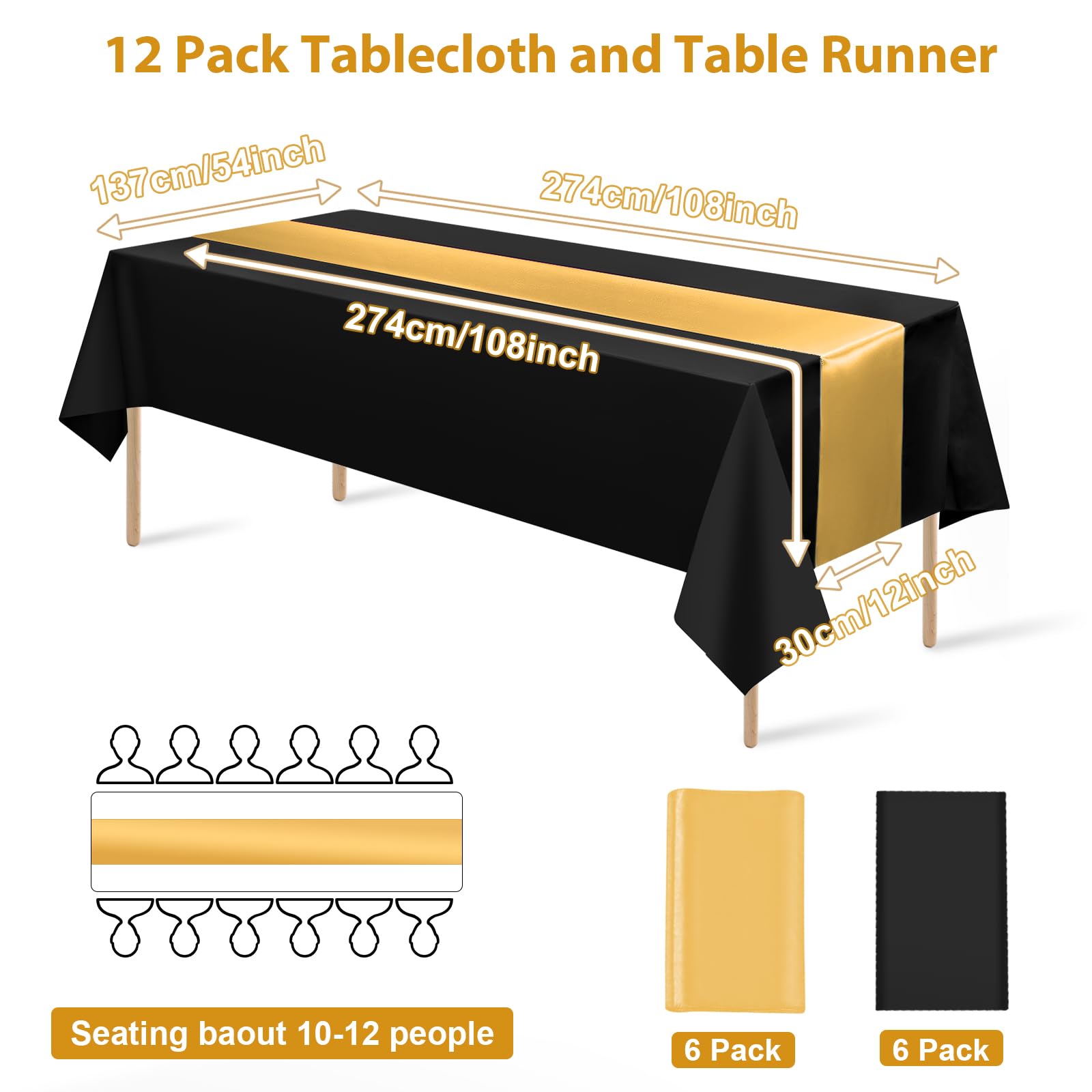 12Pack 12x108 Inch Satin Table Runner and 54x108Inch Plastic Tablecloths Set Black and Gold Disposable Rectangle Table Cover for Graduation Wedding Bridal Shower Anniversary Birthday Party Decorations