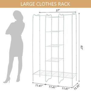 Gewudraw Wardrobe Closet with 4 Metal Shelves, Freestanding Garment Rack, Heavy Duty Clothing Rack For Hanging Clothes, Portable Clothes Rack, Closet Organizer White