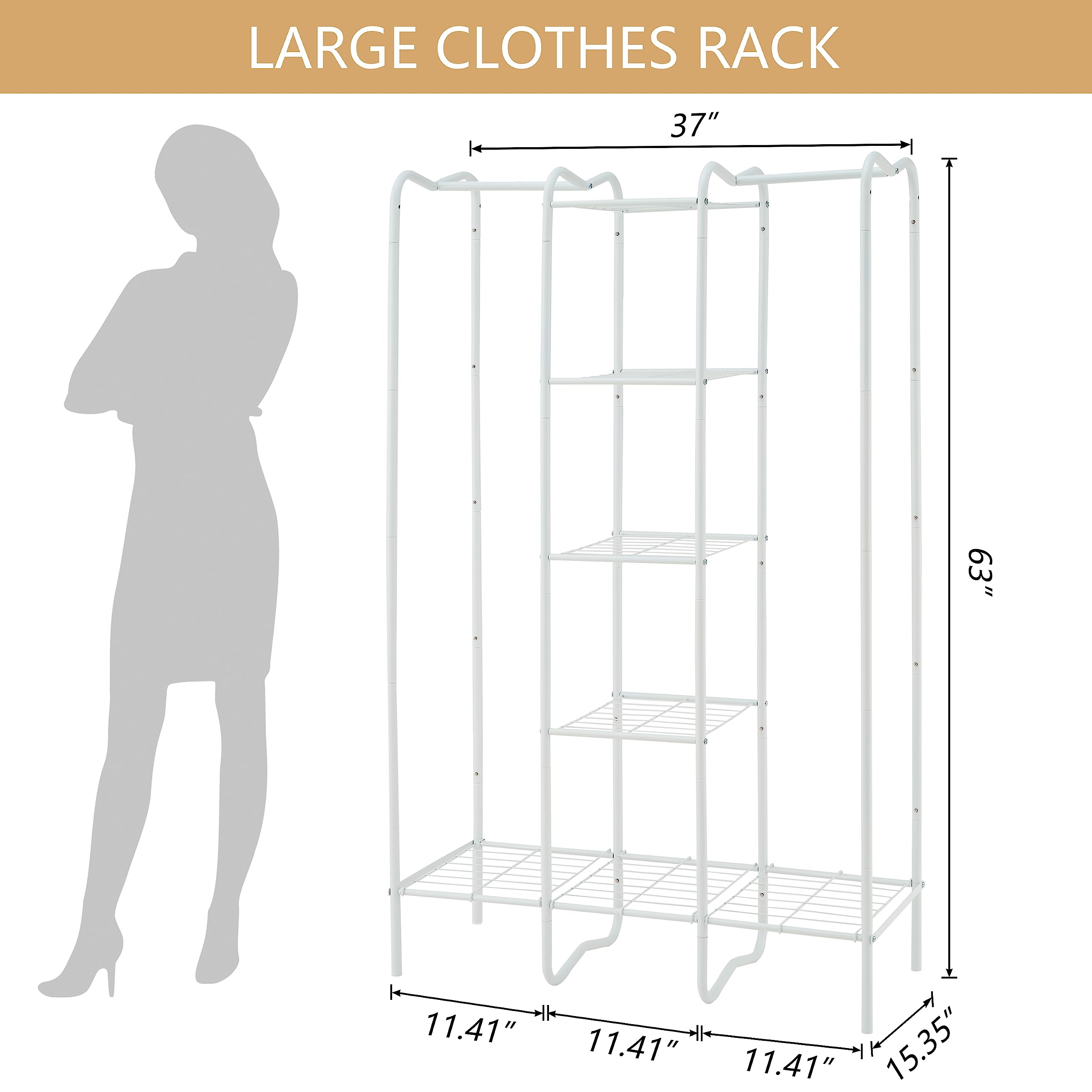 Gewudraw Wardrobe Closet with 4 Metal Shelves, Freestanding Garment Rack, Heavy Duty Clothing Rack For Hanging Clothes, Portable Clothes Rack, Closet Organizer White