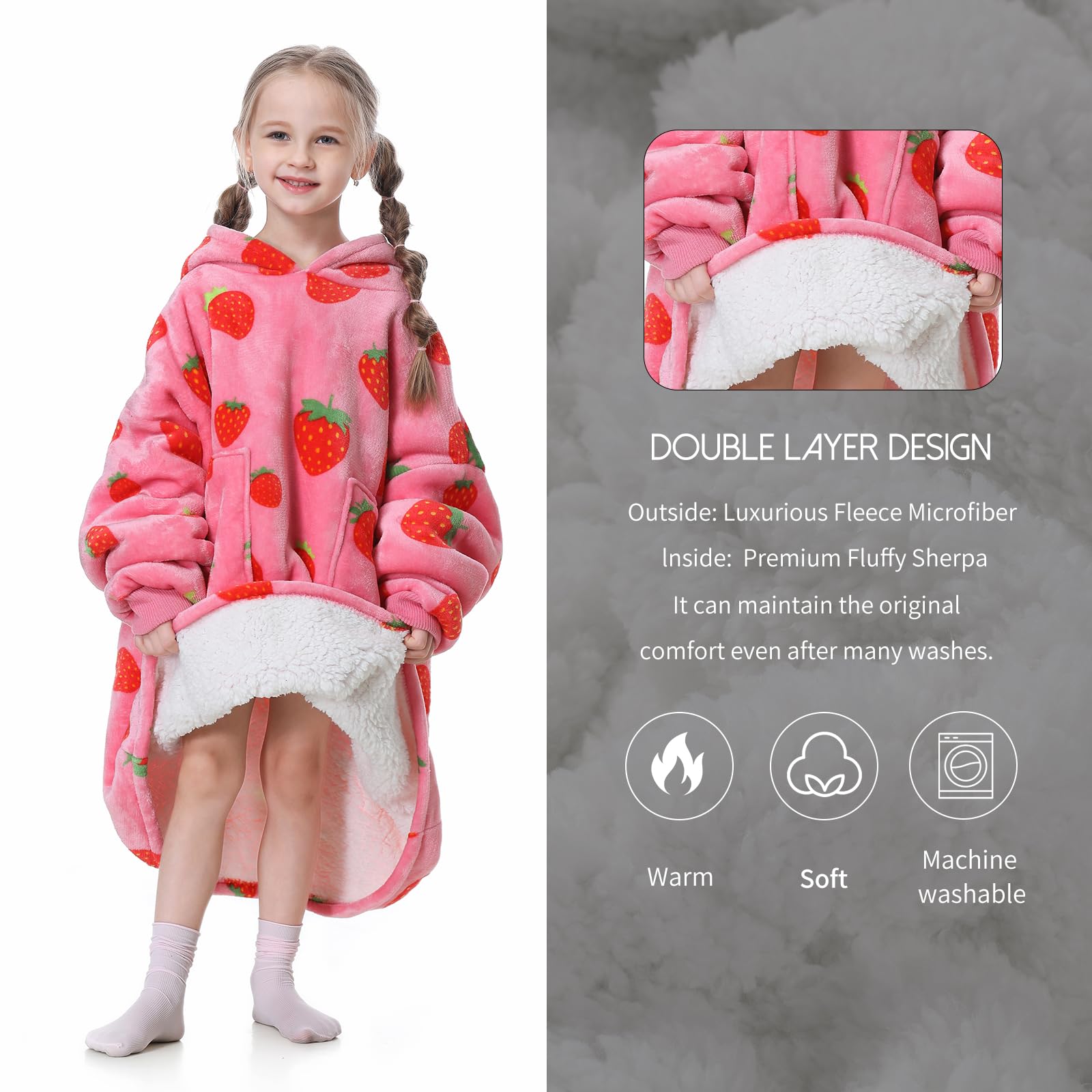 Aemicion Strawberry Blanket Hoodie Gifts for Kids,Oversize Sherpa Wearable Blanket,Cozy Sweatshirt Blanket for Girls