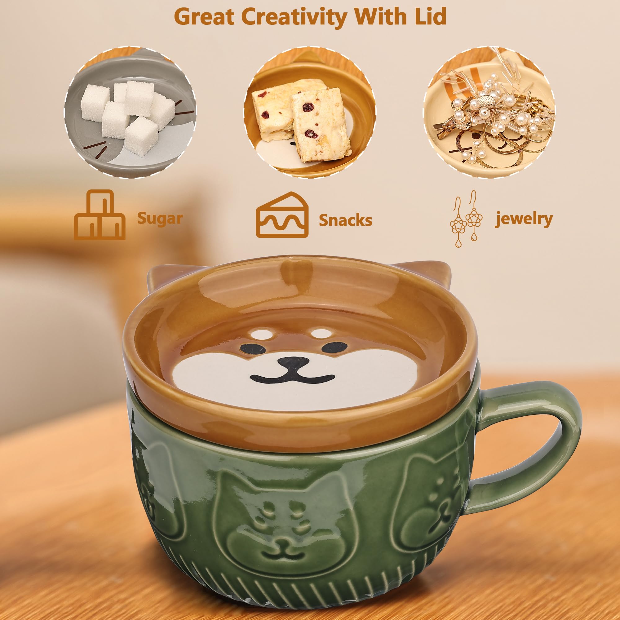 Cute Ceramic Dog Coffee Mug with Lid,Kawaii Coffee Mugs or Tea Cups for Dog Lovers,Funny Novelty Dog Breakfast Mugs for Women Wife Mum Girls Boys Friends Kids Christmas Birthday Gift,300ML（Green）