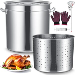 geetery stainless steel seafood boil pot with basket, stock pot with strainer turkey fryer crab crawfish lobster boil pot with injector thermometer and high temperature resistant gloves kit (36.9 qt)