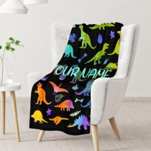 Custom Dinosaur Throw Blanket with Name - 40x30 Inches Small Blanket for Kids, Boys & Girls - Soft Plush Blankets for Bed, Couch, Sofa - Colorful Cute Fuzzy Throws Gifts for Dinosaur Lovers