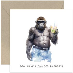 old english co. funny birthday card for son - gorilla cocktail chilled birthday greeting card for him men - humorous animal birthday card for son from dad or mum | blank inside with envelope